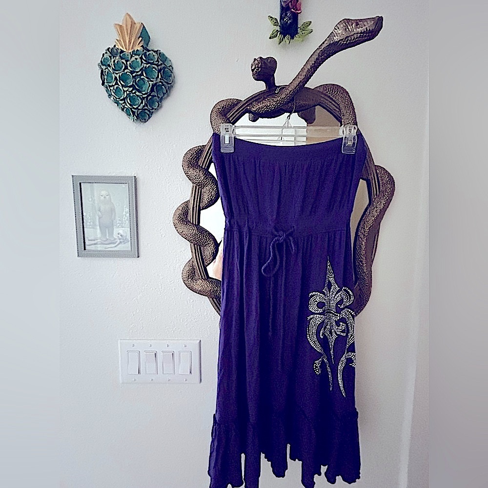 Deep Purple Strapless Midi Dress with Rhinestone Embellishment Detail.